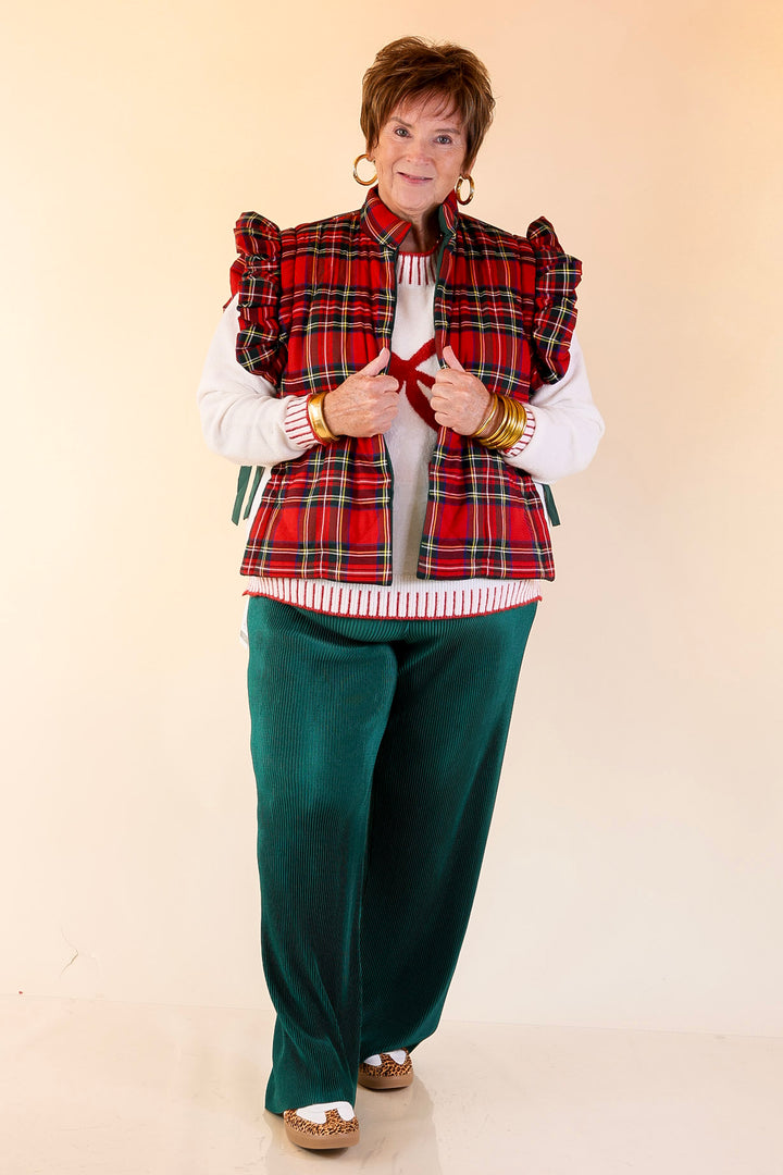 Mud Pie | Jefferies Quilted Plaid Reversible Vest with Ruffle Cap Sleeves and Bow Side Closure in Red