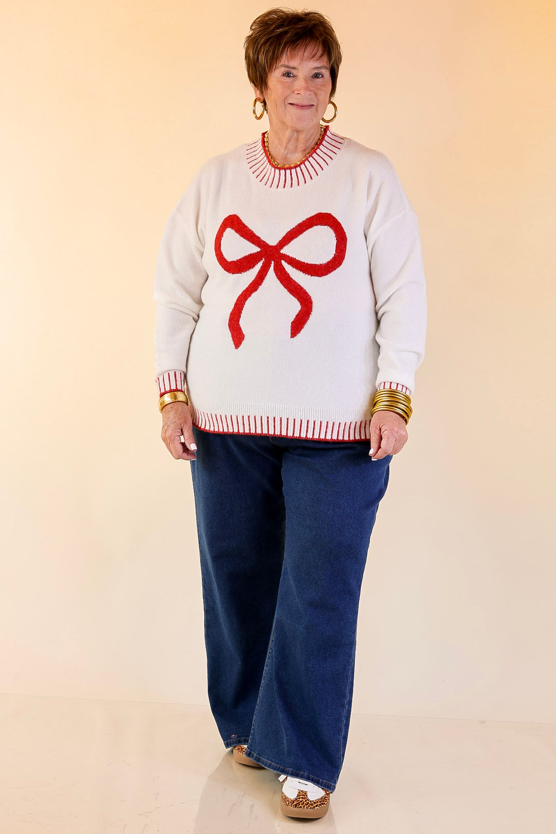 Mud Pie | Wilder Red Bow Mock Neck Sweater in Ivory