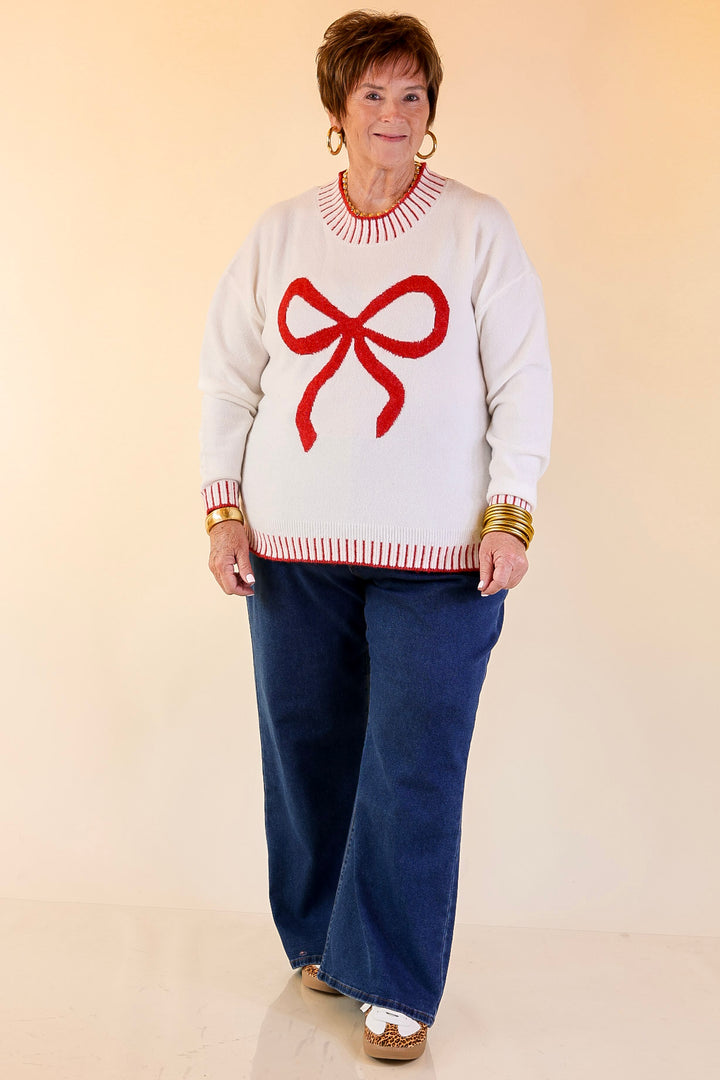 Mud Pie | Wilder Red Bow Mock Neck Sweater in Ivory