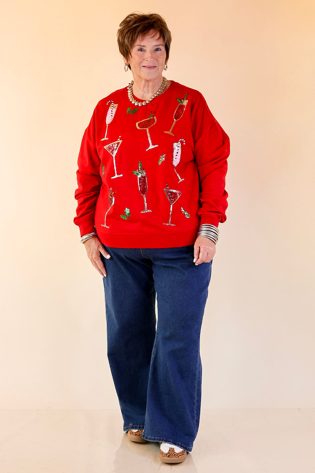 Mud Pie | Season's Sippings Oversized Sequin Cocktail Graphic Sweatshirt in Red