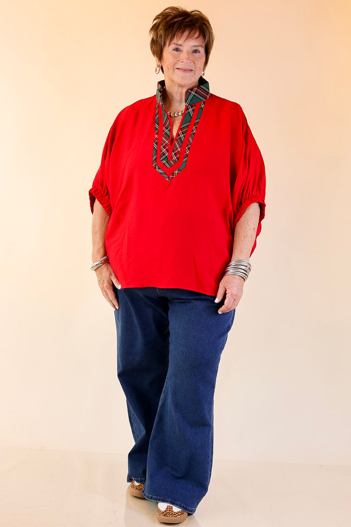 Naturally Stylish Poncho Top with Green Plaid Trim in Red