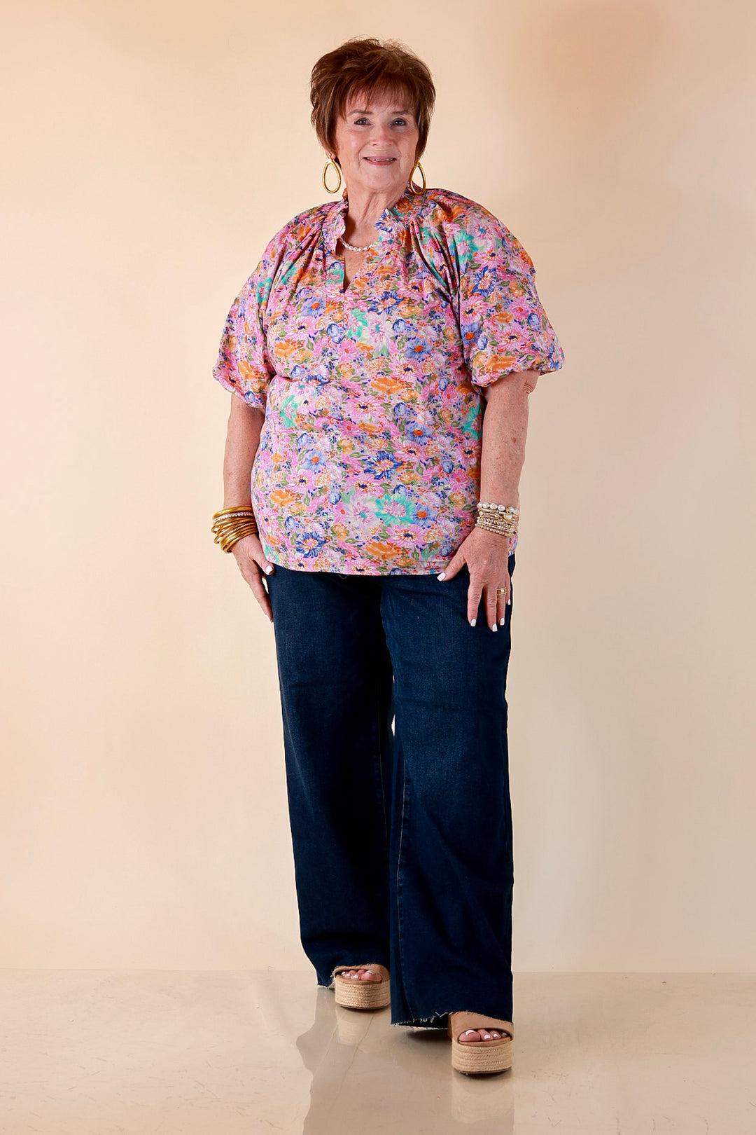 Blooming Beauty Floral Print V Neck Top with Smocked Neckline and Puff Sleeves in Pink Multi Color