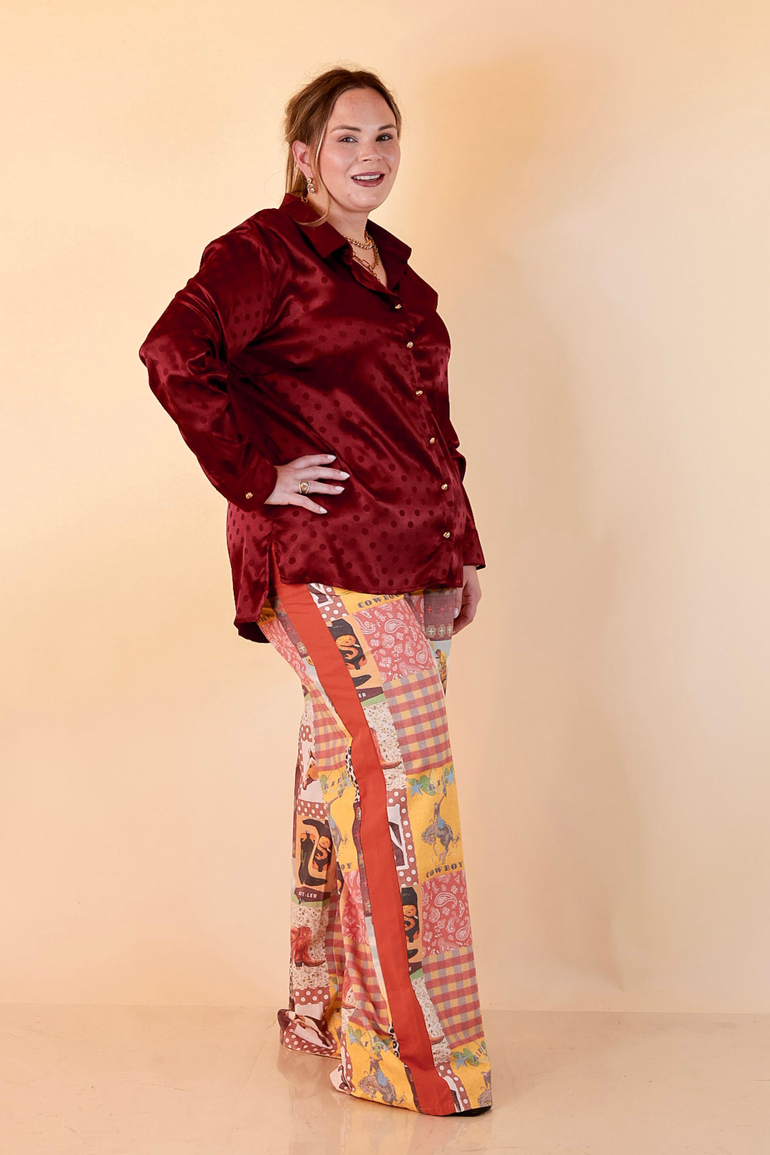 Polished Point of View Satin Collared Polka Dot Button Down Blouse with Gold Buttons in Maroon
