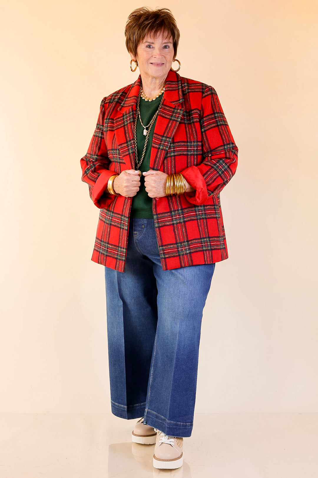 Season to Shine Long Sleeve Tartan Plaid Blazer in Red