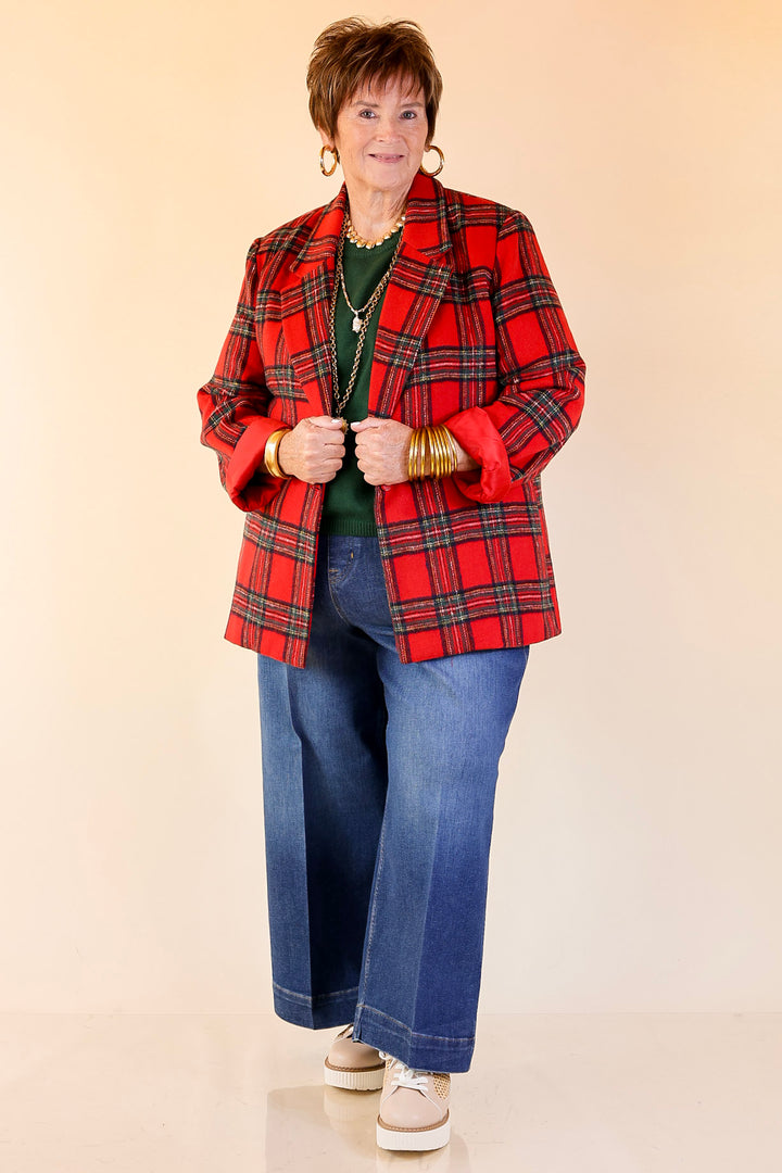 Season to Shine Long Sleeve Tartan Plaid Blazer in Red