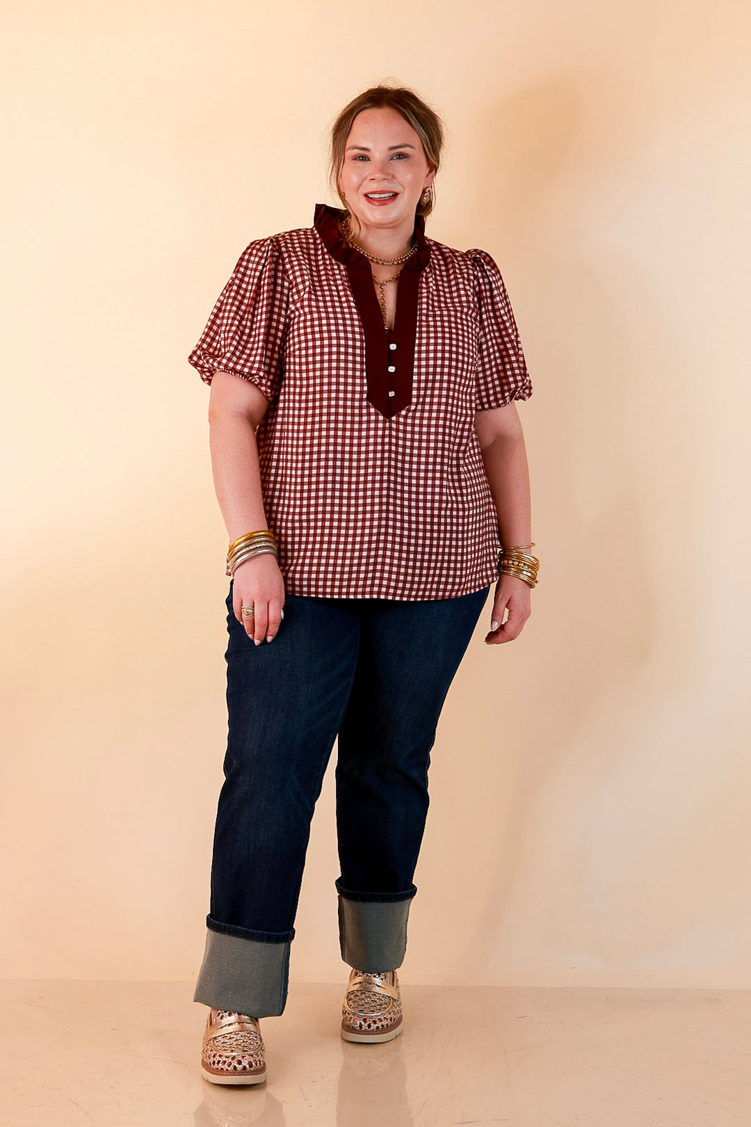 Check the Agenda Contrast V-Neck Button Detail Gingham Puff Sleeve Top in Maroon and Ivory