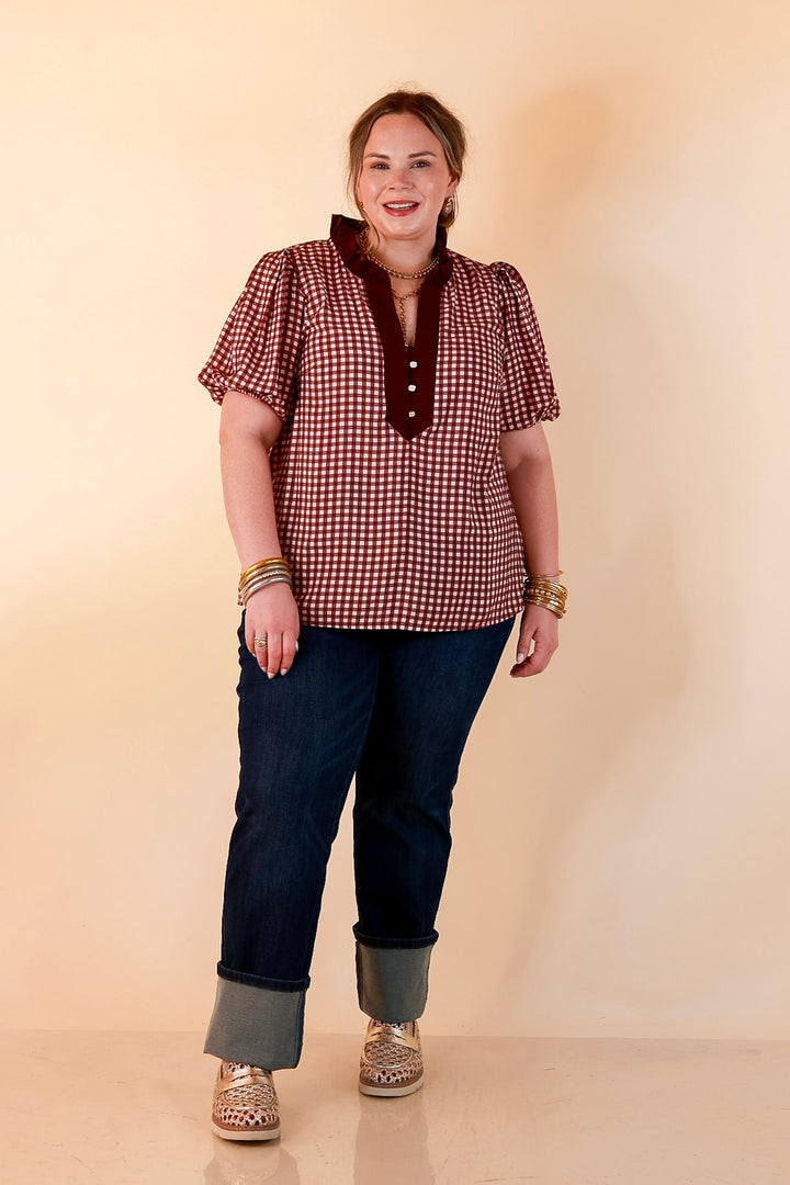 Check the Agenda Contrast V-Neck Button Detail Gingham Puff Sleeve Top in Maroon and Ivory