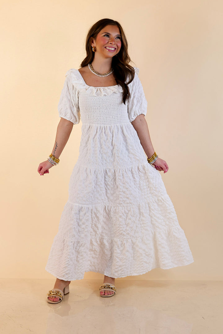 Simply Southern | Radiant Moment Textured Smocked Bodice Tiered Maxi Dress with Puff Sleeves in White