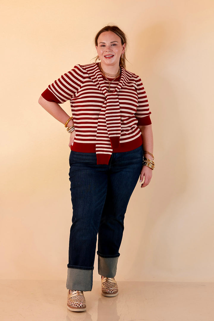 Leading Lady Faux Sweater Tie Detail Short Sleeve Striped Knit Top in Burgundy and Ivory