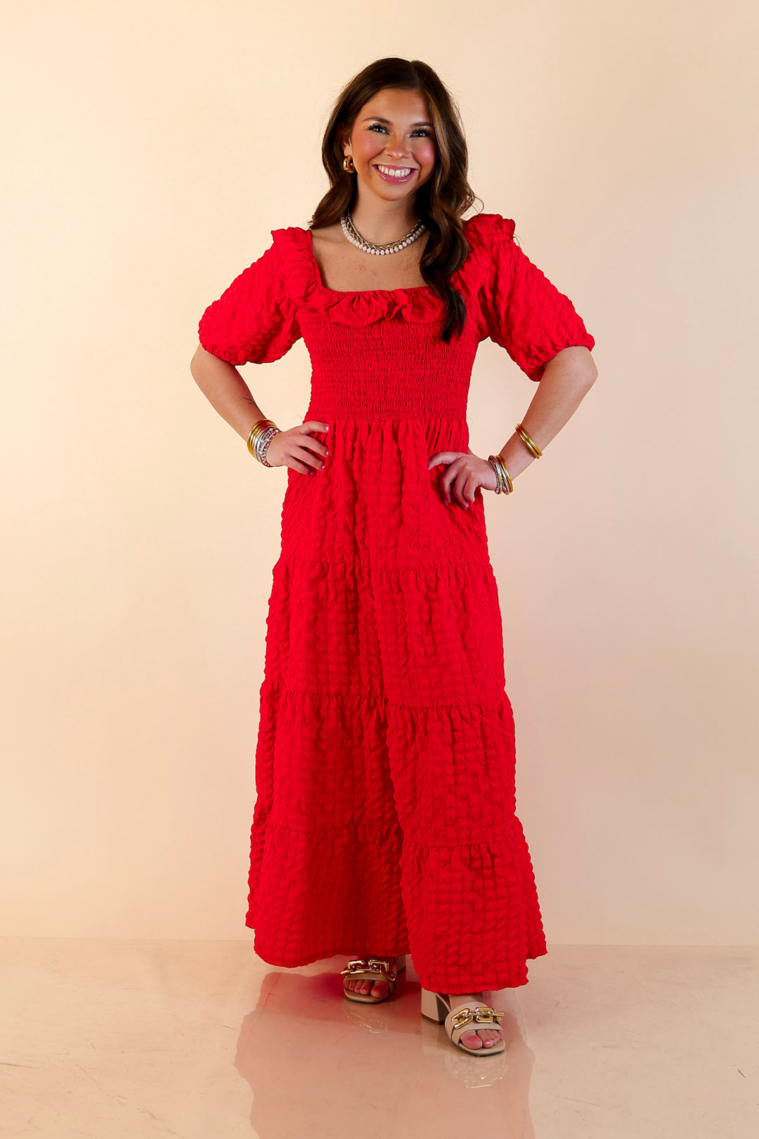 Simply Southern | Radiant Moment Textured Smocked Bodice Tiered Maxi Dress with Puff Sleeves in Red