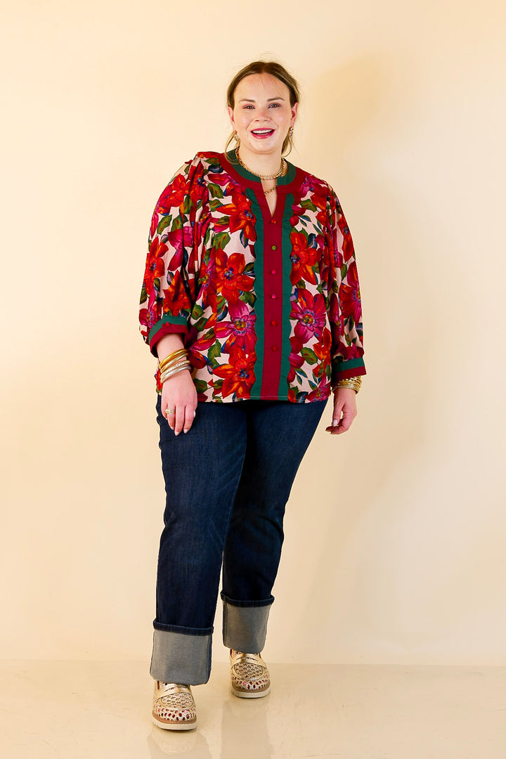 Color Me Confident Floral Print Button Front Contrast Trim Top in Ivory, Plum and Emerald Green