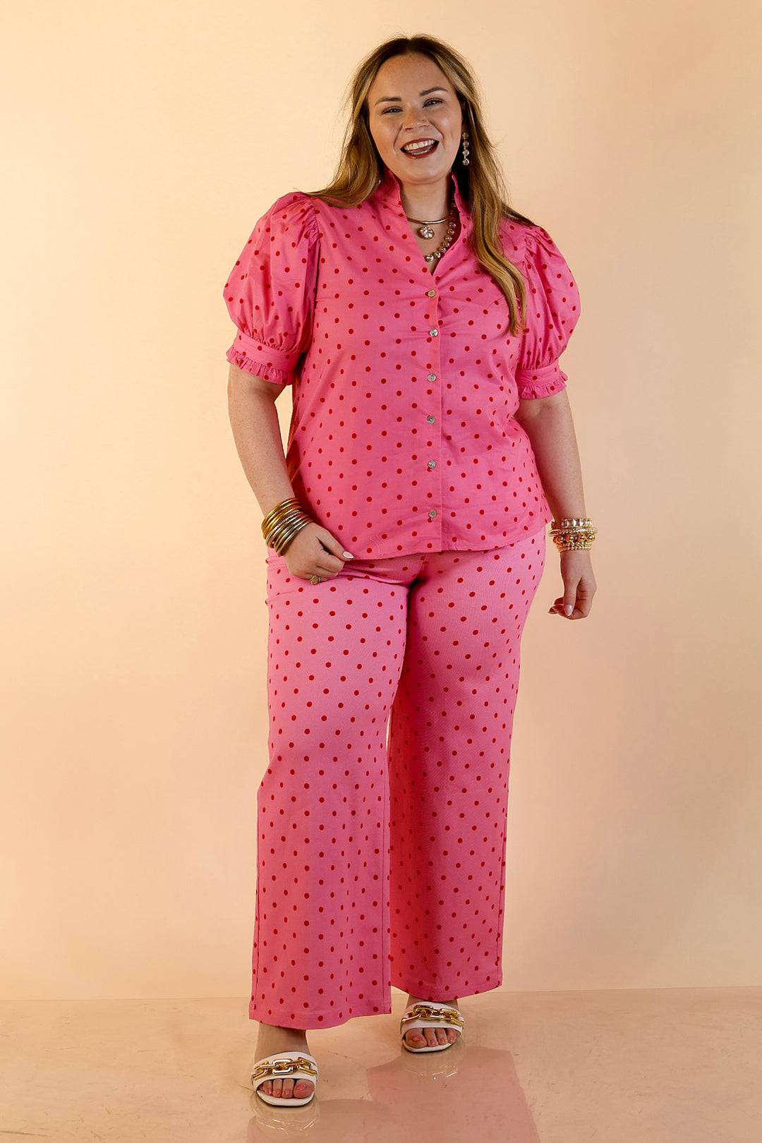 Poised and Polished Button Front Puff Sleeve Top with Polka Dot Print in Pink and Red