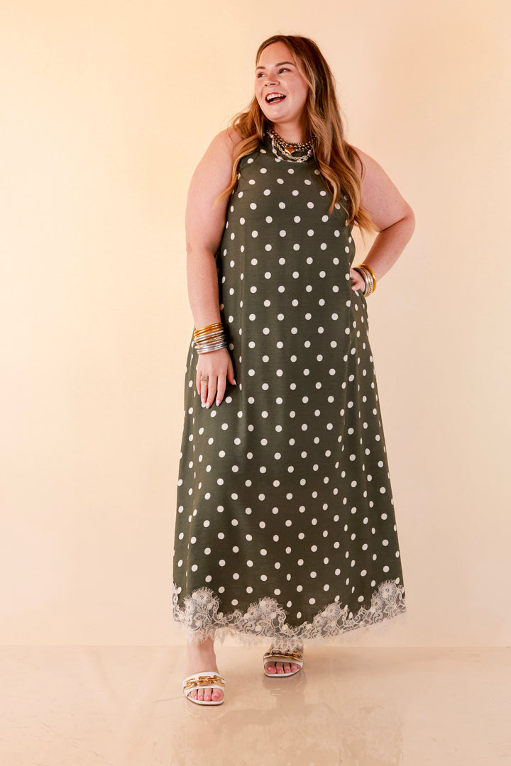 Sweet Little Something Polka Dot Sleeveless Maxi Dress with Lace Trim in Olive Green