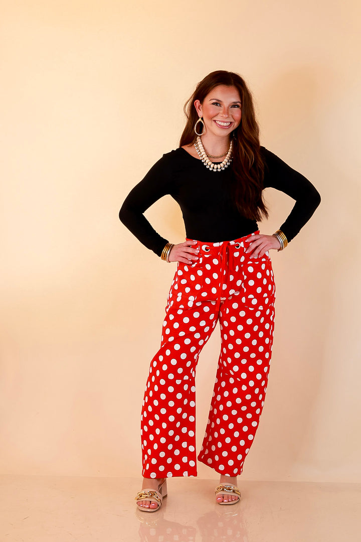 Just My Type Polka Dot Wide Leg Barrel Jeans with Drawstring Waist and Pockets in Red and White