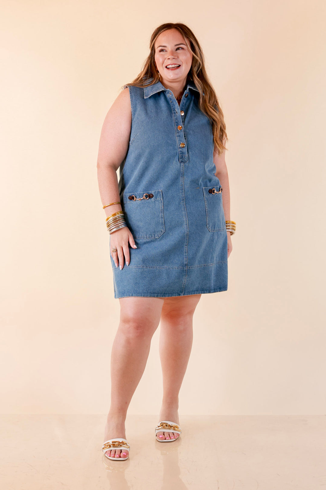 Easy on Repeat Collared Sleeveless Denim Dress with Horse Bit Detailing in Medium Wash