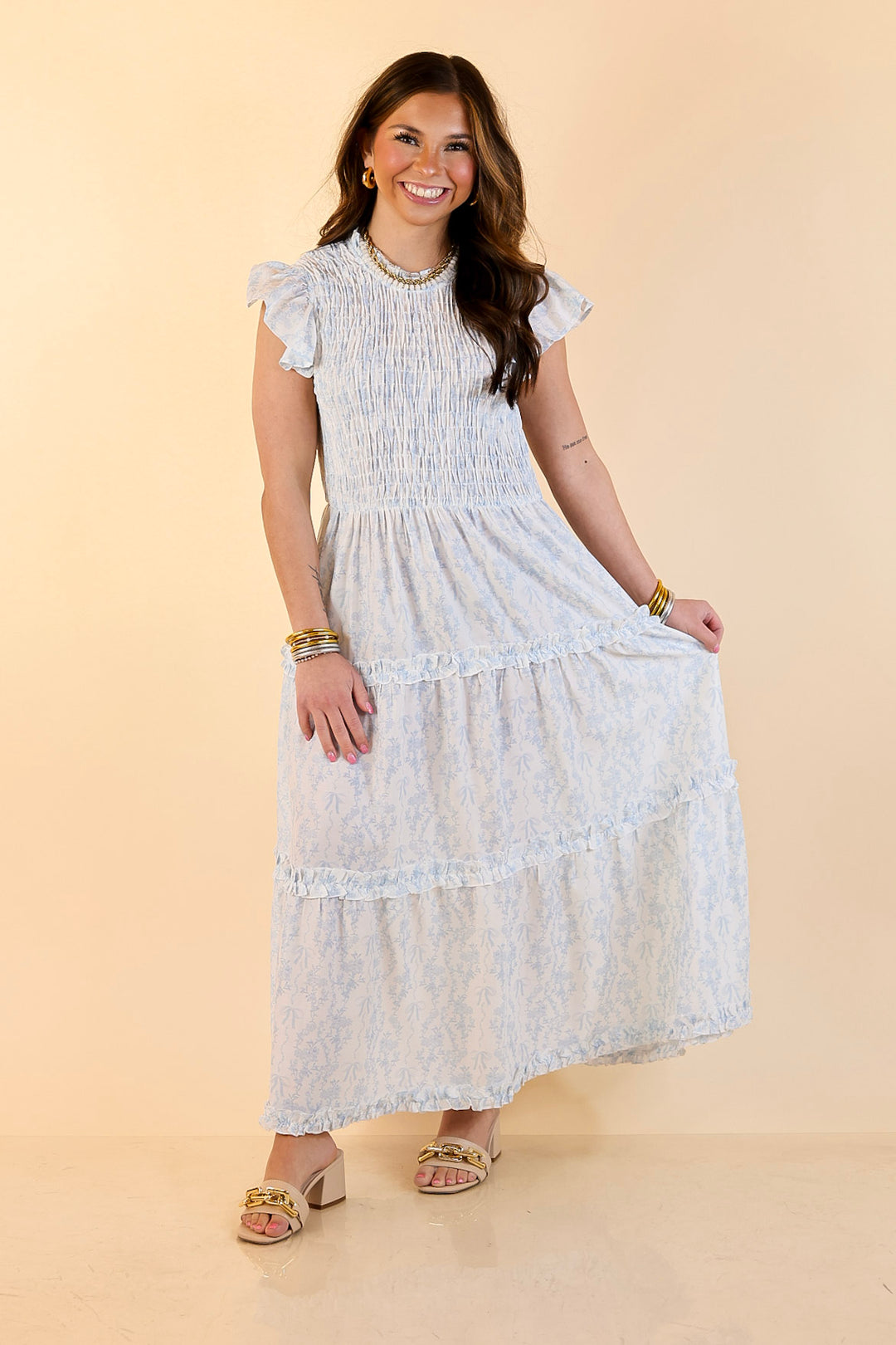 Mud Pie | Graceful Charm Smocked Toile Print Tiered Midi Dress with Ruffle Sleeves in Blue and White