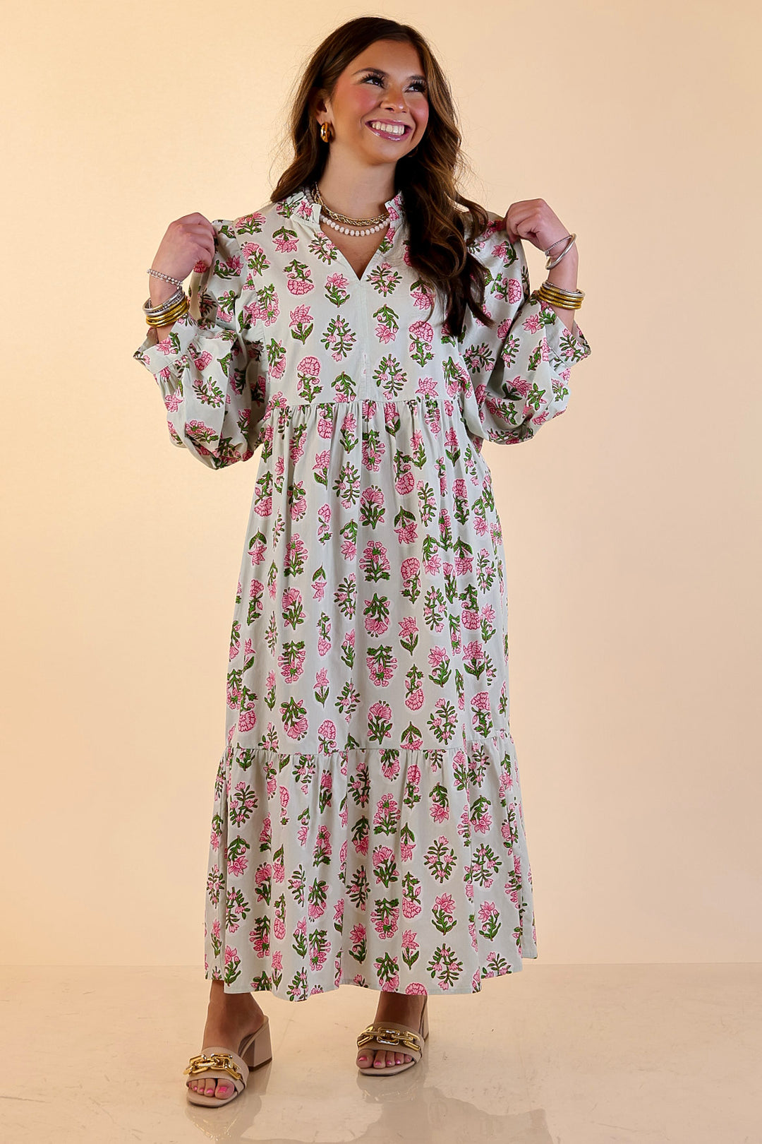 Mud Pie | Lovely Impression Cotton Poplin Floral Midi Dress with Ruffle Collar and Puff Sleeves in Sage Multi