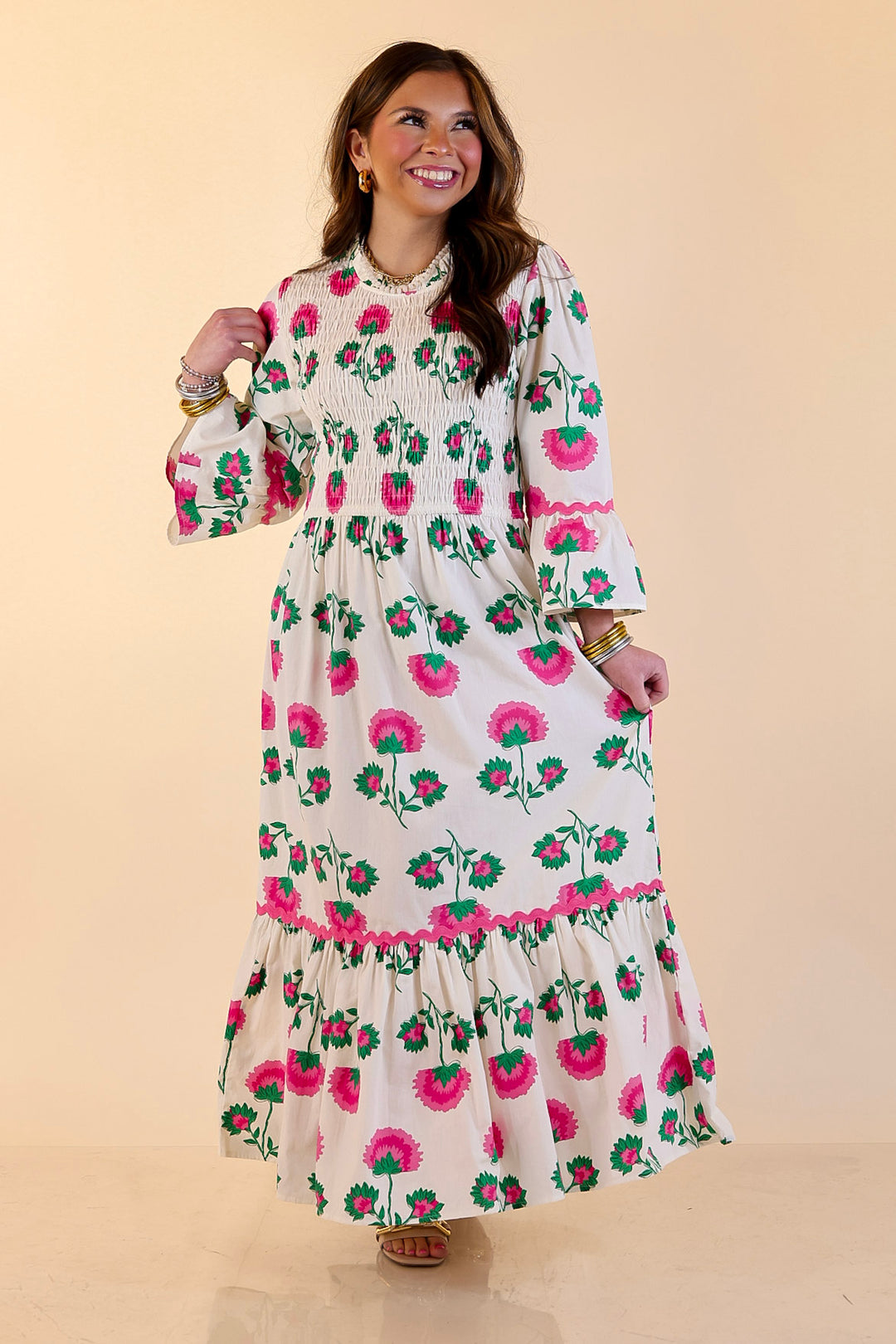 Mud Pie | Petal Parade Smocked Floral Print Tiered Midi Dress with Scallop Trim in Cream Multi