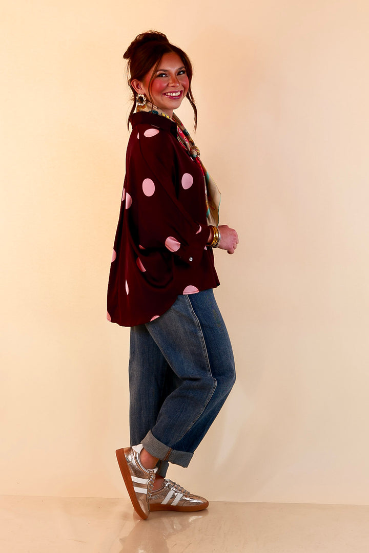 Two of a Kind Oversized Long Sleeve Button Down Blush Pink Polka Dot Blouse in Maroon
