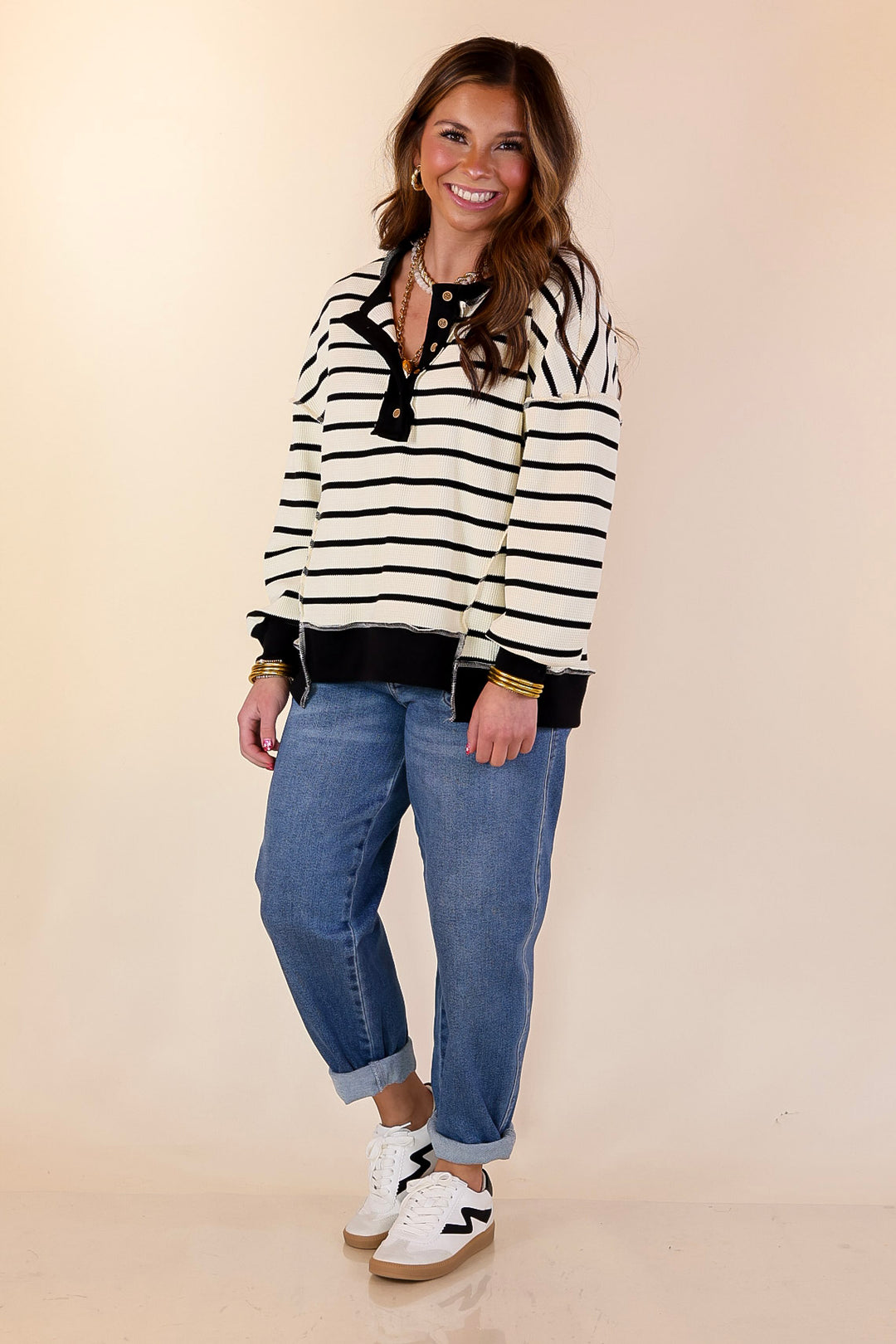 Casual Edge Long Sleeve Striped Henley Knit Top with Dropped Shoulders in Ivory with Black Stripes