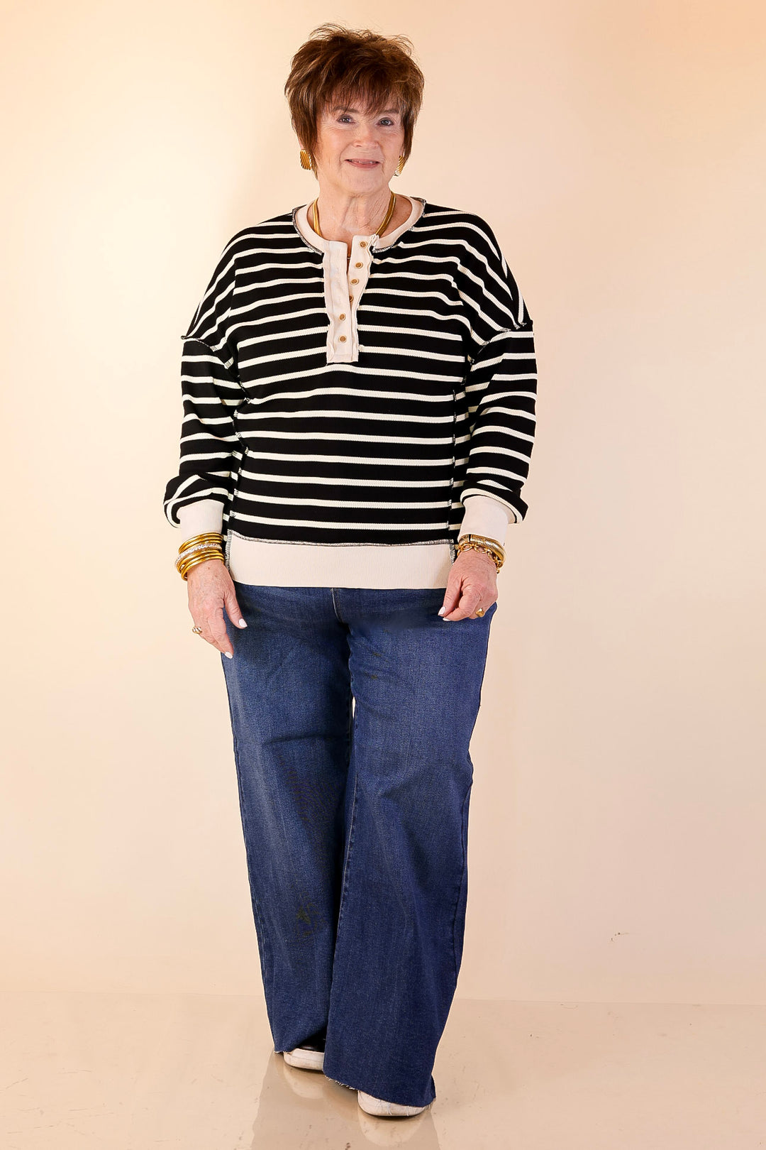 Casual Edge Long Sleeve Striped Henley Knit Top with Dropped Shoulders in Black with Ivory Stripes