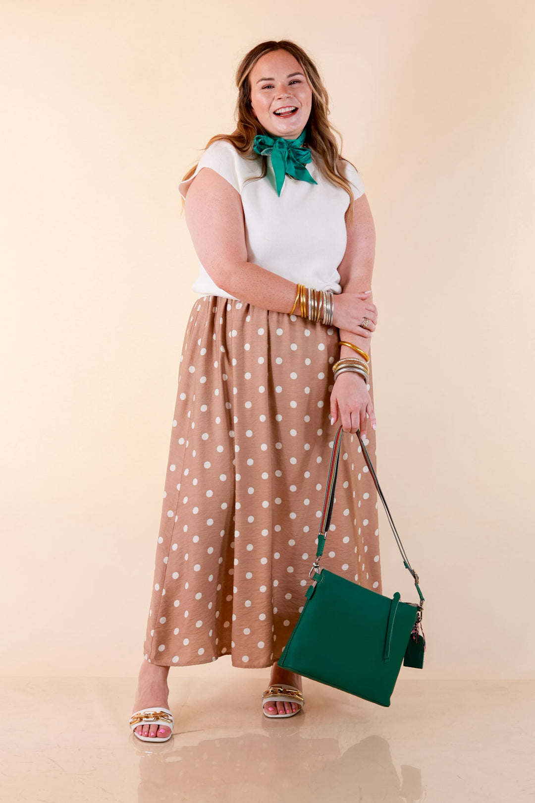 Two Ways to Charm Polka Dot Spaghetti Strap Dress Set with Detachable Ivory Top in Taupe