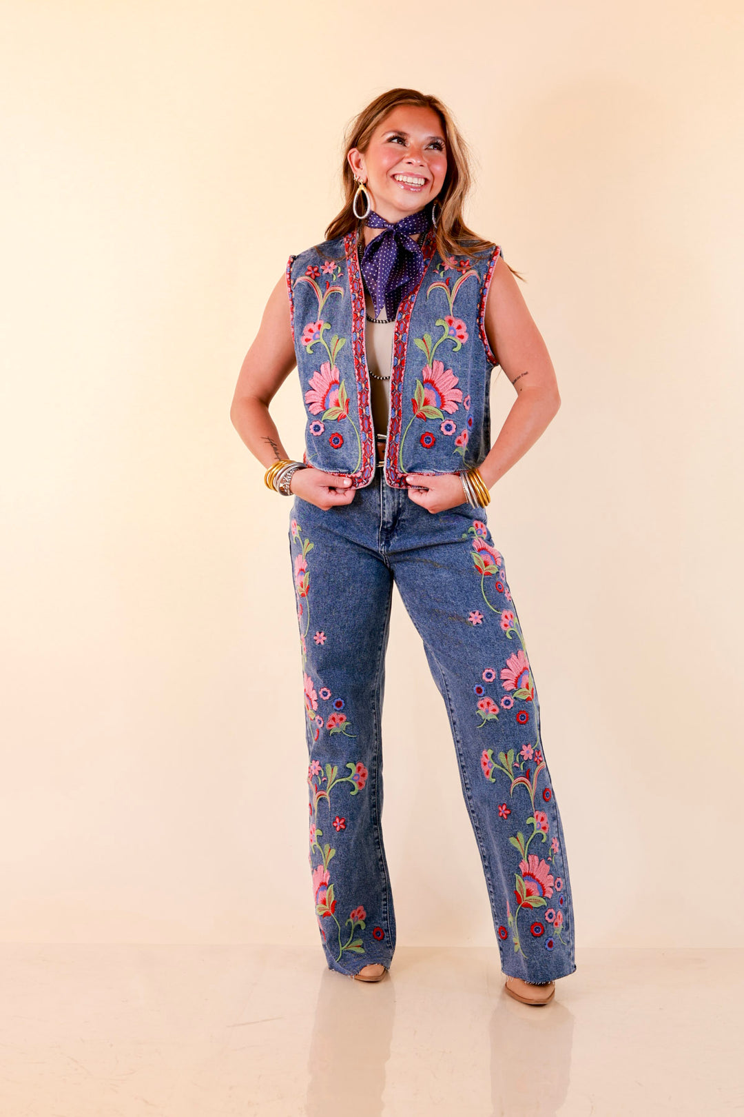 Artfully Yours Colorful Embroidered Denim Vest in Medium Wash