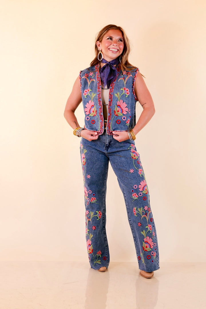 Artfully Yours Colorful Embroidered Denim Vest in Medium Wash