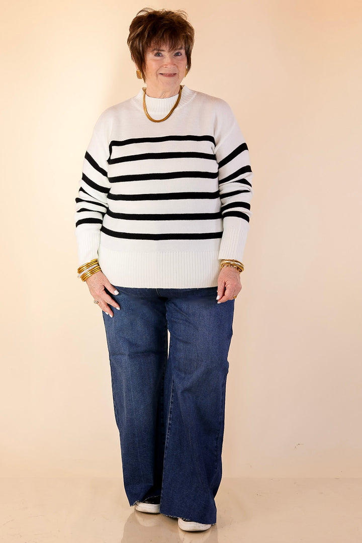 Chilly Day Charm Mock Neck Long Sleeve High-Low Striped Sweater in Ivory with Black Stripes