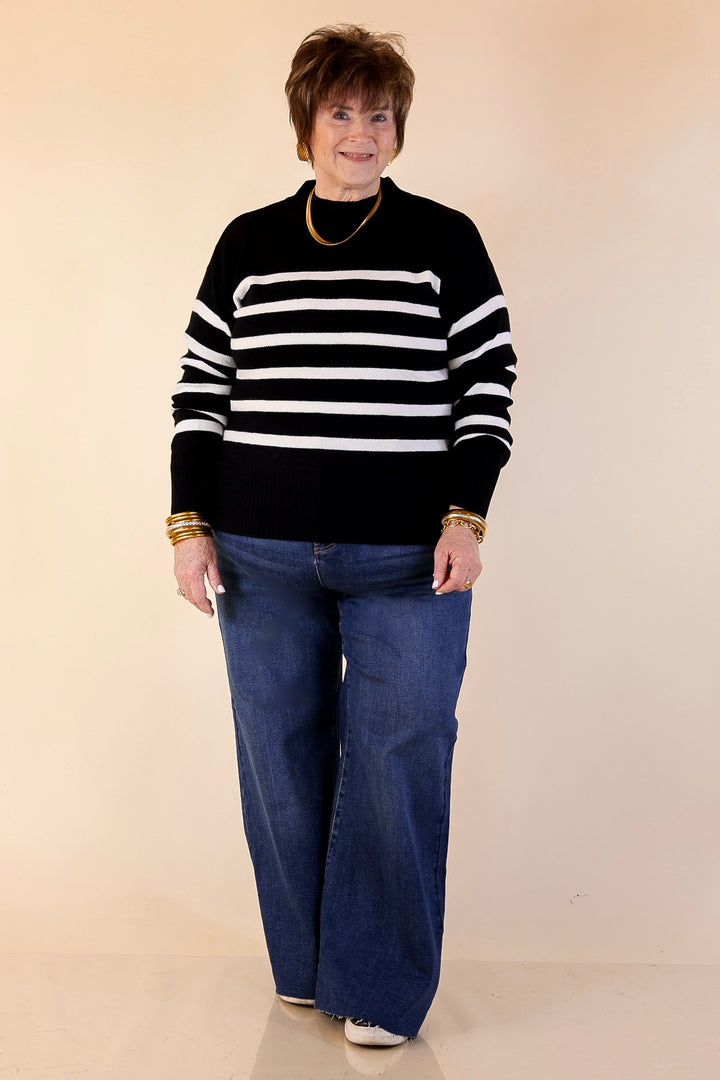 Chilly Day Charm Mock Neck Long Sleeve High-Low Striped Sweater in Black with Ivory Stripes