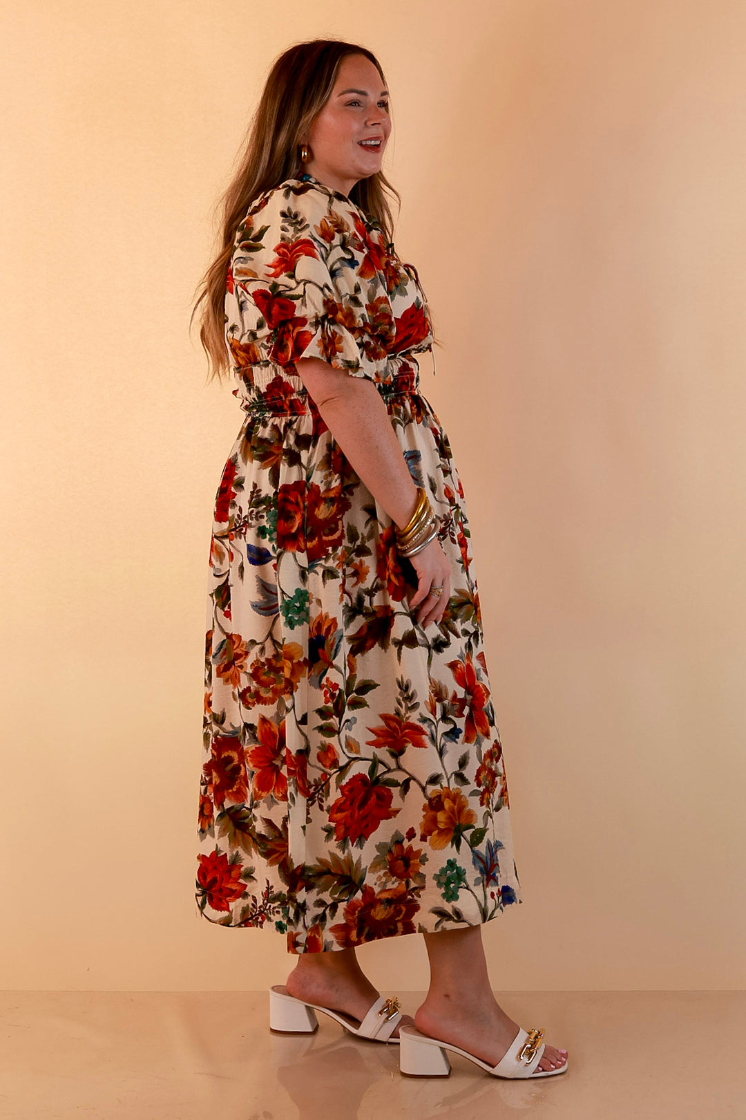 Autumn in the Air Puff Sleeve Smocked Waist Floral Print Tiered Midi Dress in Ivory Multi