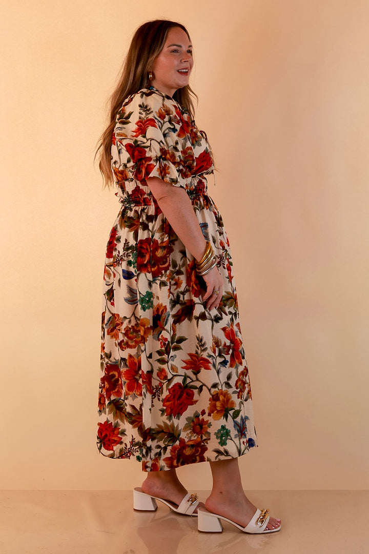 Autumn in the Air Puff Sleeve Smocked Waist Floral Print Tiered Midi Dress in Ivory Multi