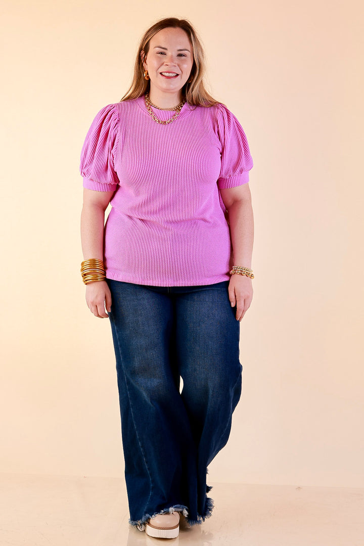 Sweet Sophistication Puff Short Sleeve Ribbed Top with Scoop Neck in Violet Purple