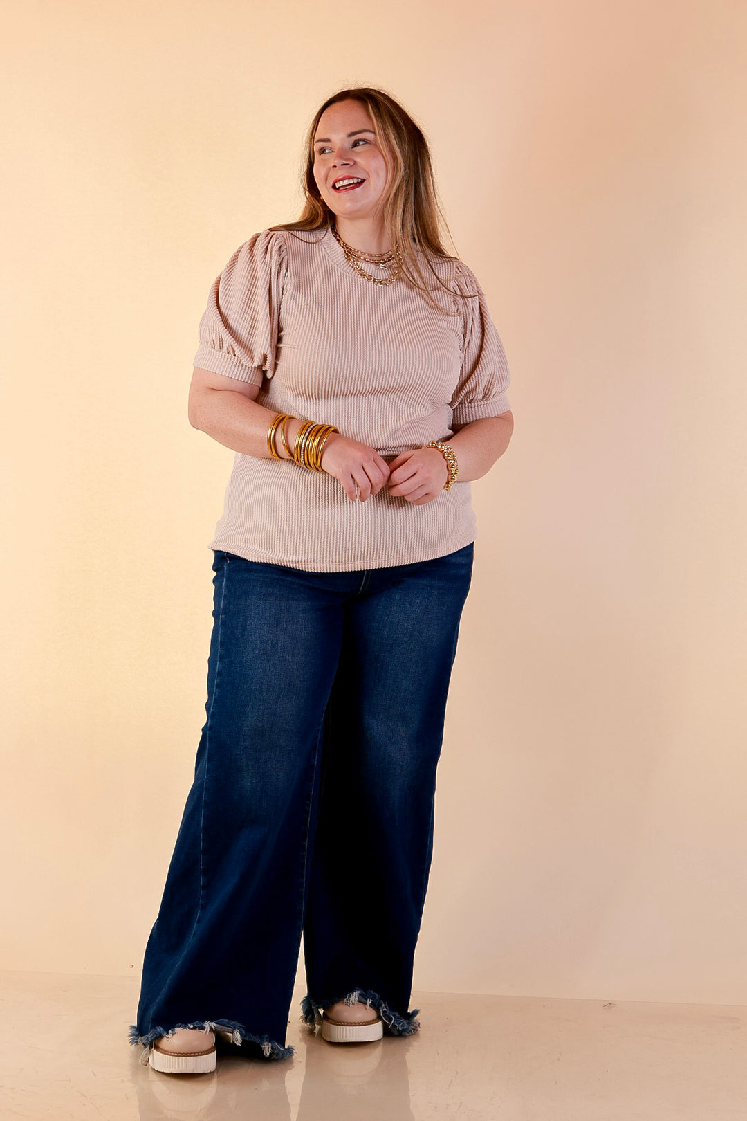 Sweet Sophistication Puff Short Sleeve Ribbed Top with Scoop Neck in Beige