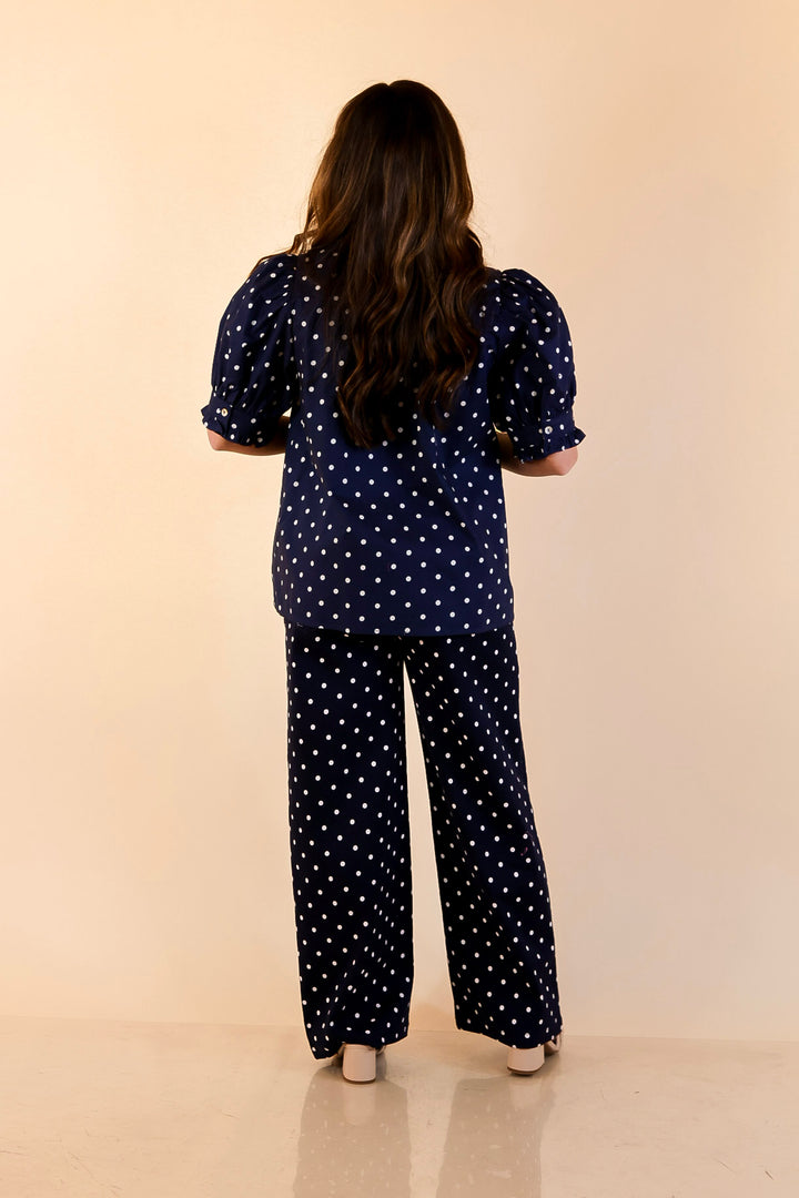 Poised and Polished Button Front Puff Sleeve Top with Polka Dot Print in Navy Blue and White