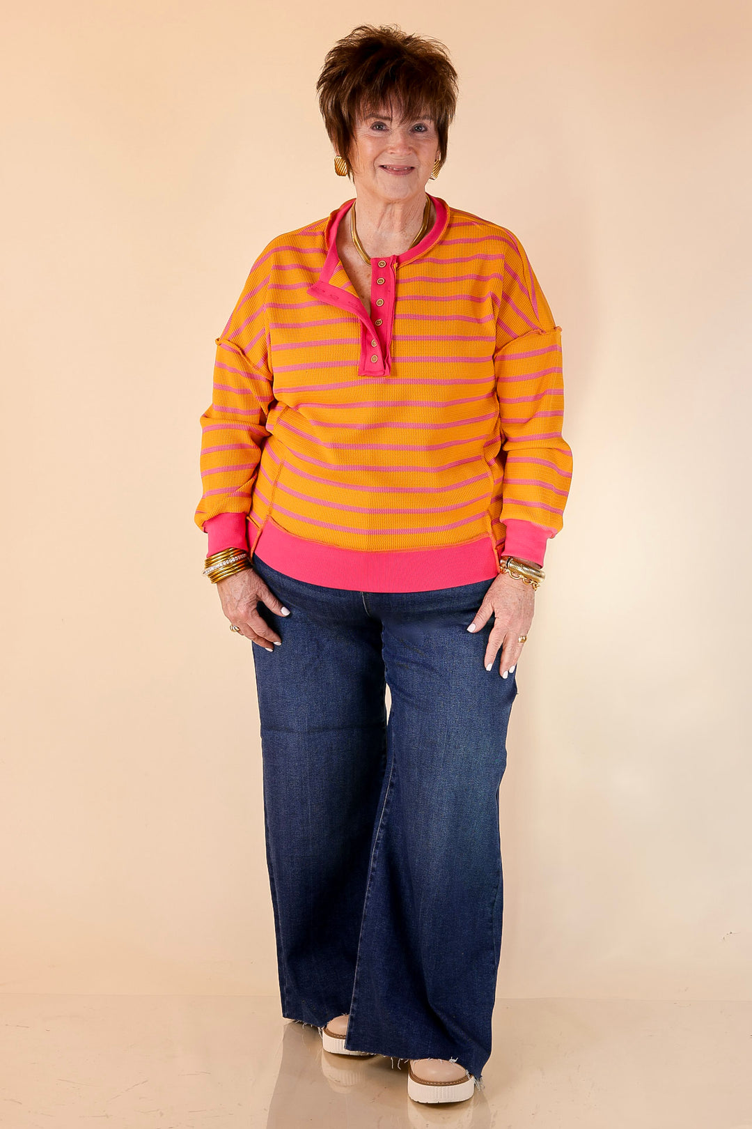 Casual Edge Long Sleeve Striped Henley Knit Top with Dropped Shoulders in Orange with Pink Stripes