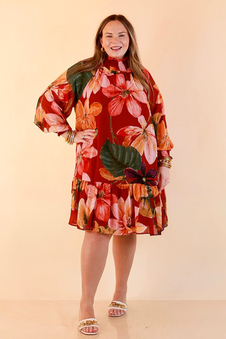 Autumn Romance Ruffle Neck Long Sleeve Floral Peplum Dress in Rust Red Multi