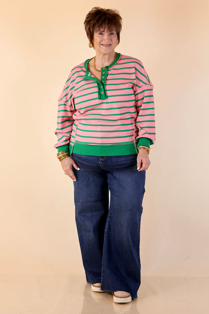 Casual Edge Long Sleeve Striped Henley Knit Top with Dropped Shoulders in Pink with Green Stripes