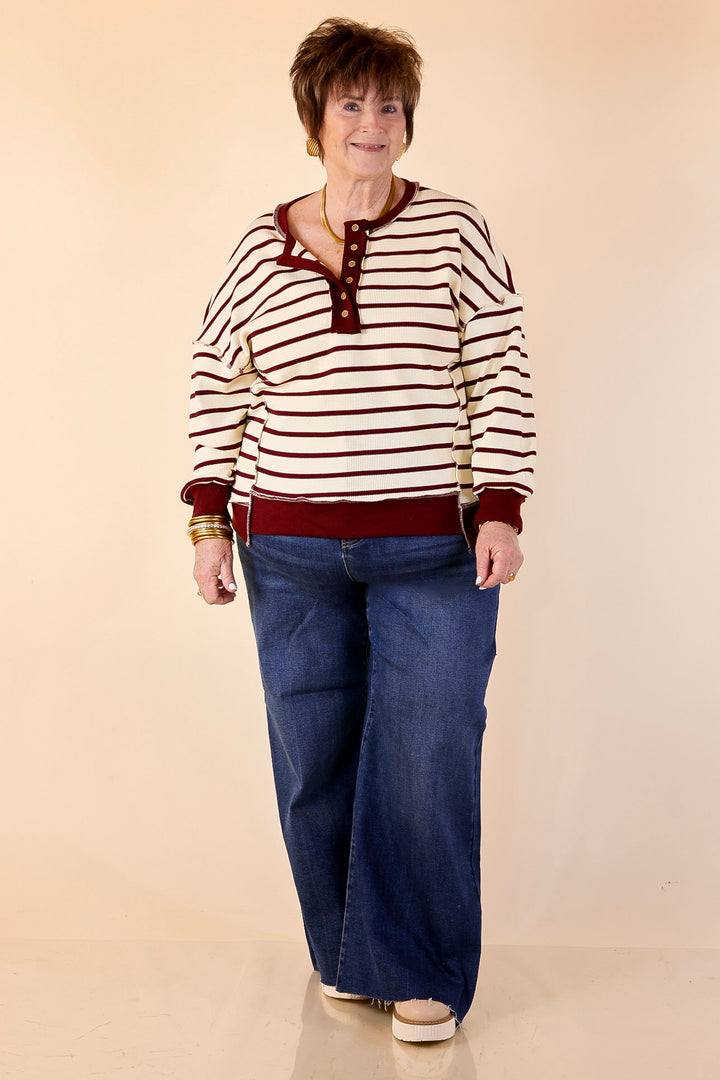 Casual Edge Long Sleeve Striped Henley Knit Top with Dropped Shoulders in Ivory with Maroon Stripes
