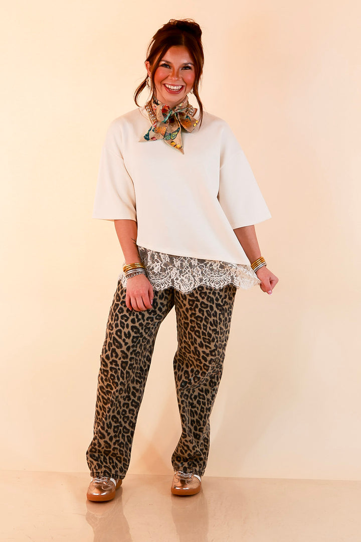 Laced with Charm Oversized Asymmetrical Lace Trim Boxy Top in Ivory
