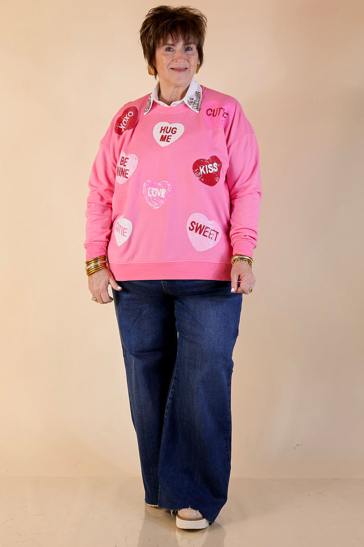 Mud Pie | Sweet on Repeat Oversized Sequin Conversation Hearts Graphic Sweatshirt in Pink