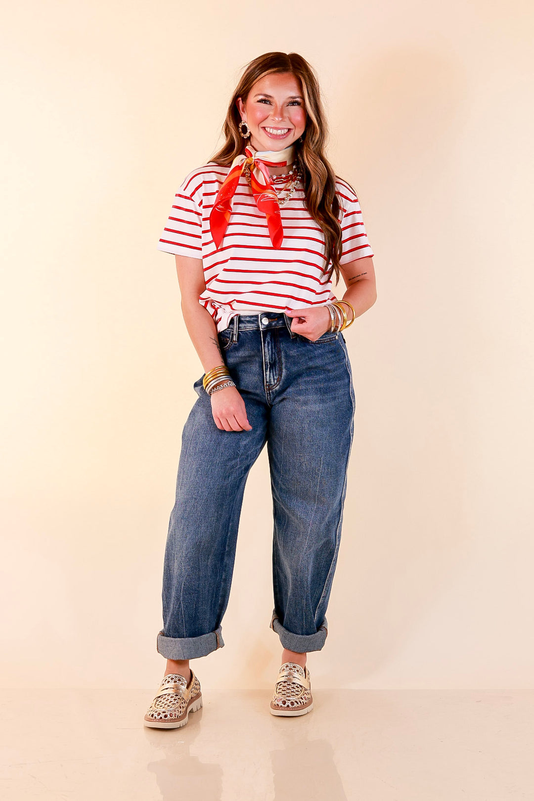 The Daily Stripe Scoop Neck Short Sleeve Striped Tee Top in Red