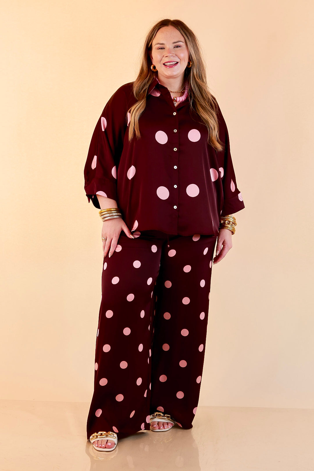 Two of a Kind Full Length Wide Leg Pull-On Drawstring Blush Pink Polka Dot Pants in Maroon