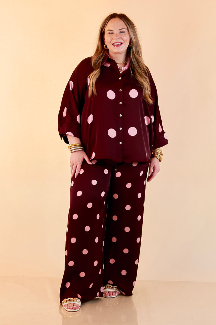 Two of a Kind Full Length Wide Leg Pull-On Drawstring Blush Pink Polka Dot Pants in Maroon