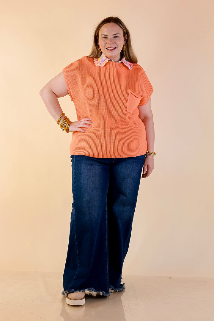 Repeat Ready Cap Sleeve Sweater with Front Pocket in Coral Orange