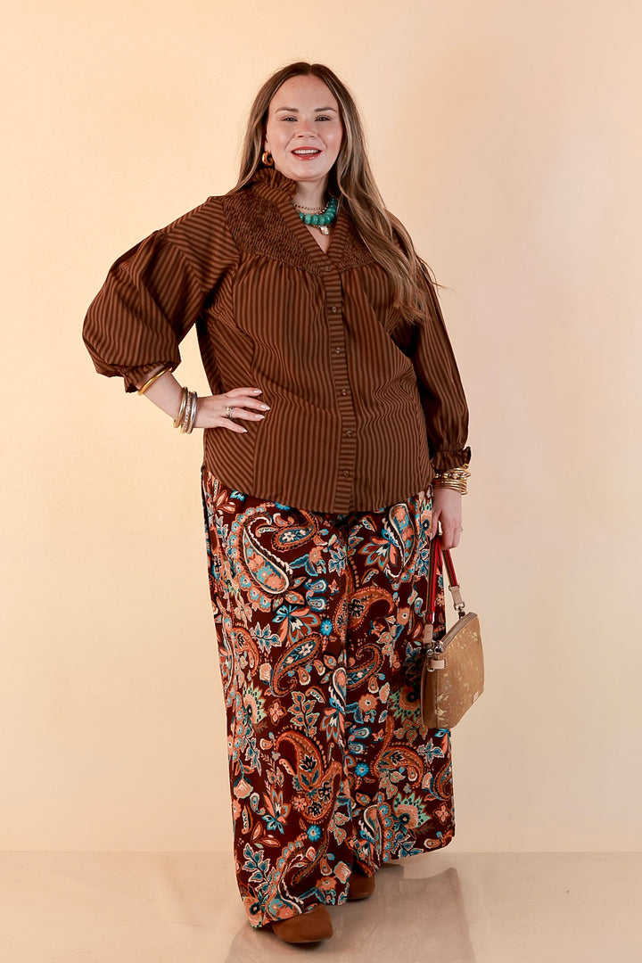 A Fine Line Smocked Ruffle Neck Long Sleeve Striped Button Front Blouse in Chocolate Brown