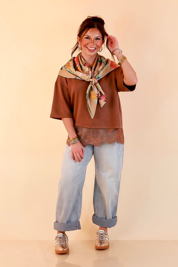 Laced with Charm Oversized Asymmetrical Lace Trim Boxy Top in Coco Brown