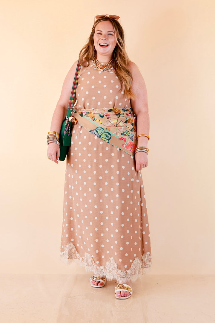 Sweet Little Something Polka Dot Sleeveless Maxi Dress with Lace Trim in Tan
