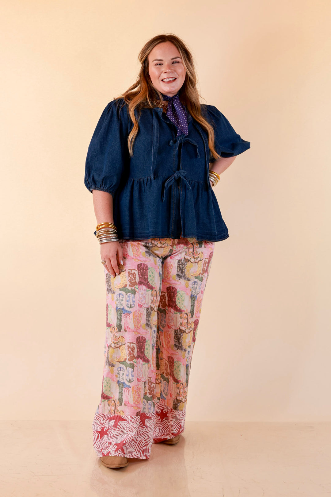 Pairs Well with Others Boots and Stars Mixed Print Drawstring Pants with Elastic Waistband in Red Mix