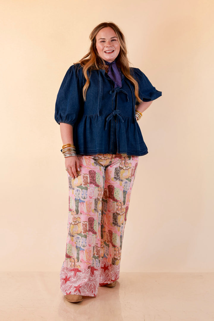 Pairs Well with Others Boots and Stars Mixed Print Drawstring Pants with Elastic Waistband in Red Mix